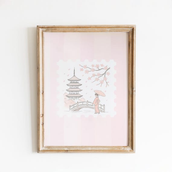 Japan Cherry Blossom Print Pagoda Kimono Woman Minimal Poster