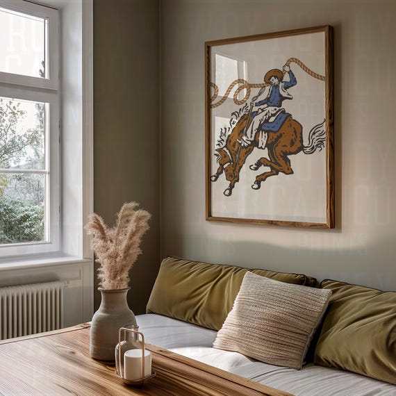 Rodeo Bronco Cowboy Western Vintage Style Prints Minimalist Neutral Colors Trendy Wall Art Posters