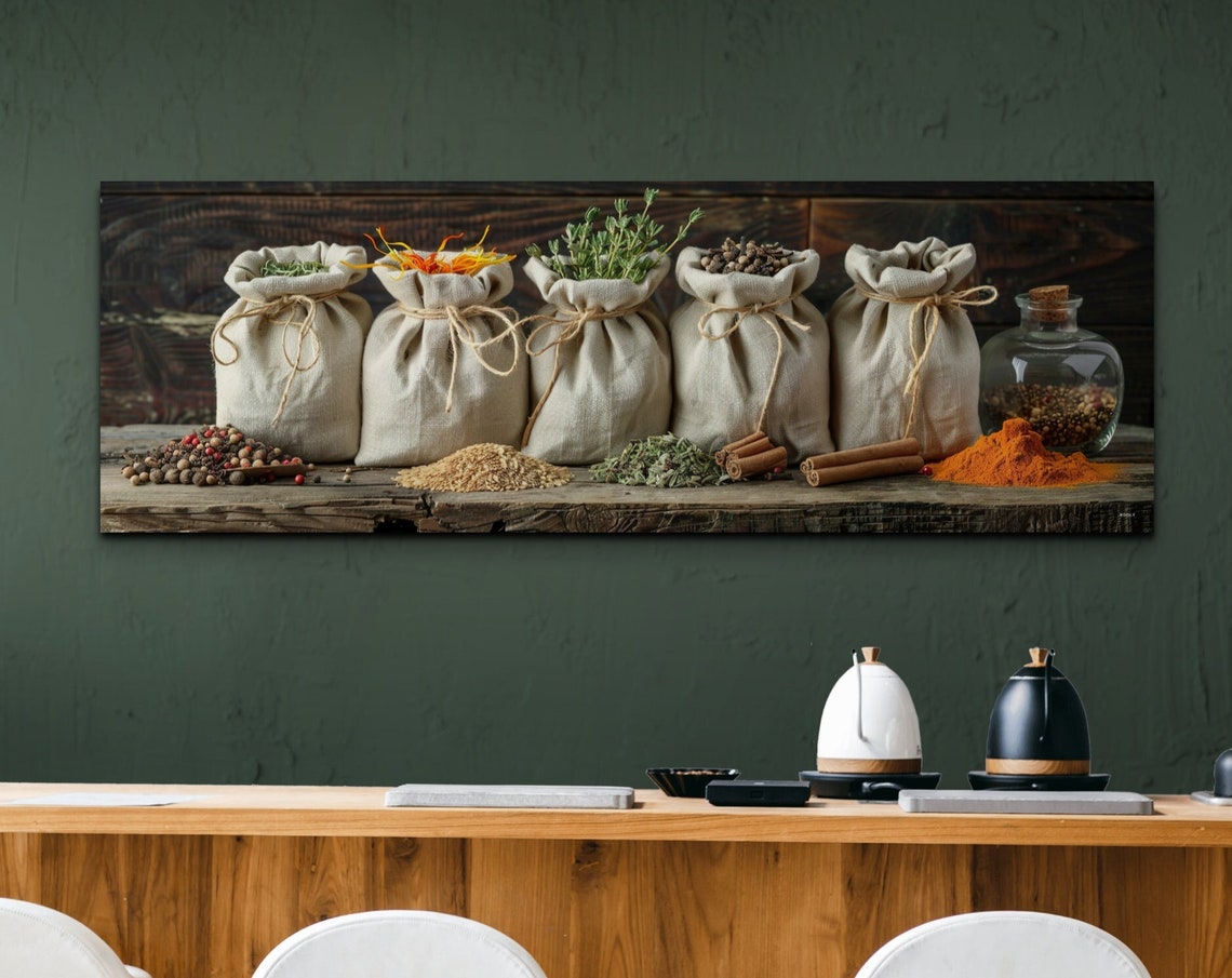Burlap Spice Sacks Wooden Shelf Rustic Kitchen Herb Wall Art