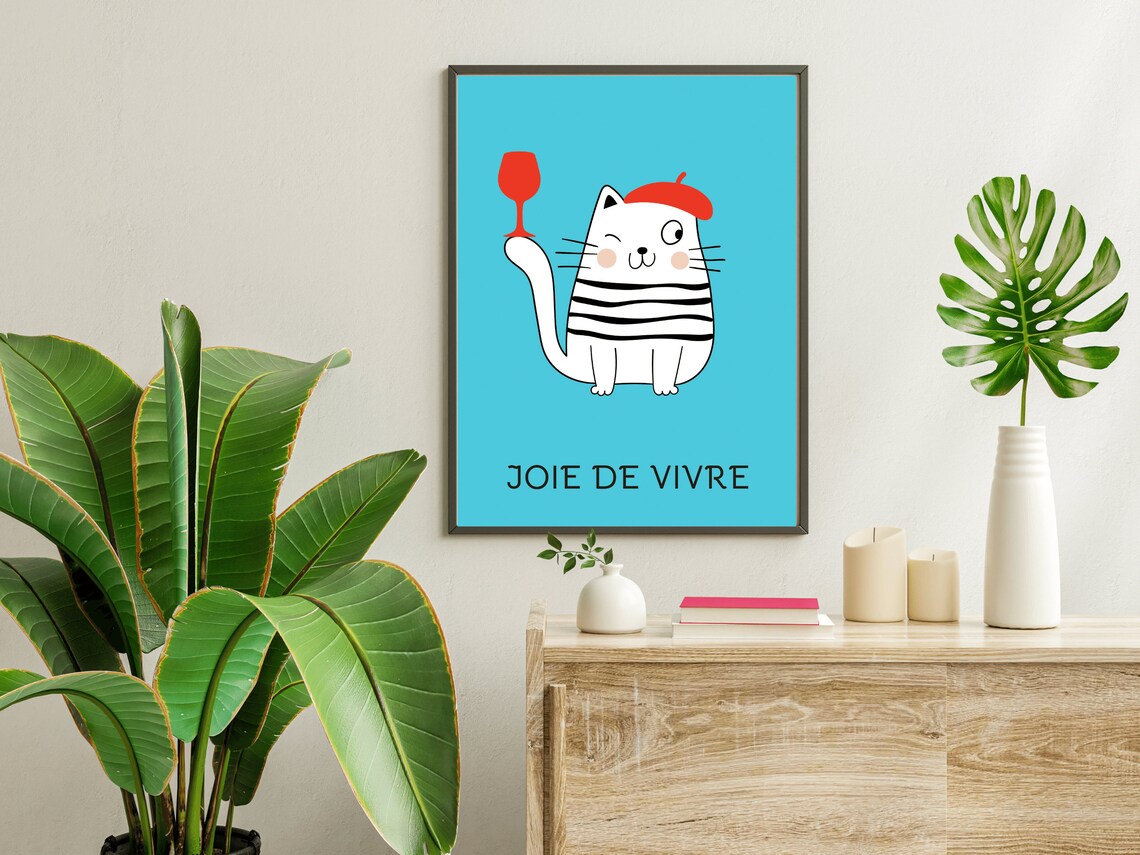 Joie De Vivre French Cat Beret Wine Glass Fun Cat Lover Poster - Image 4