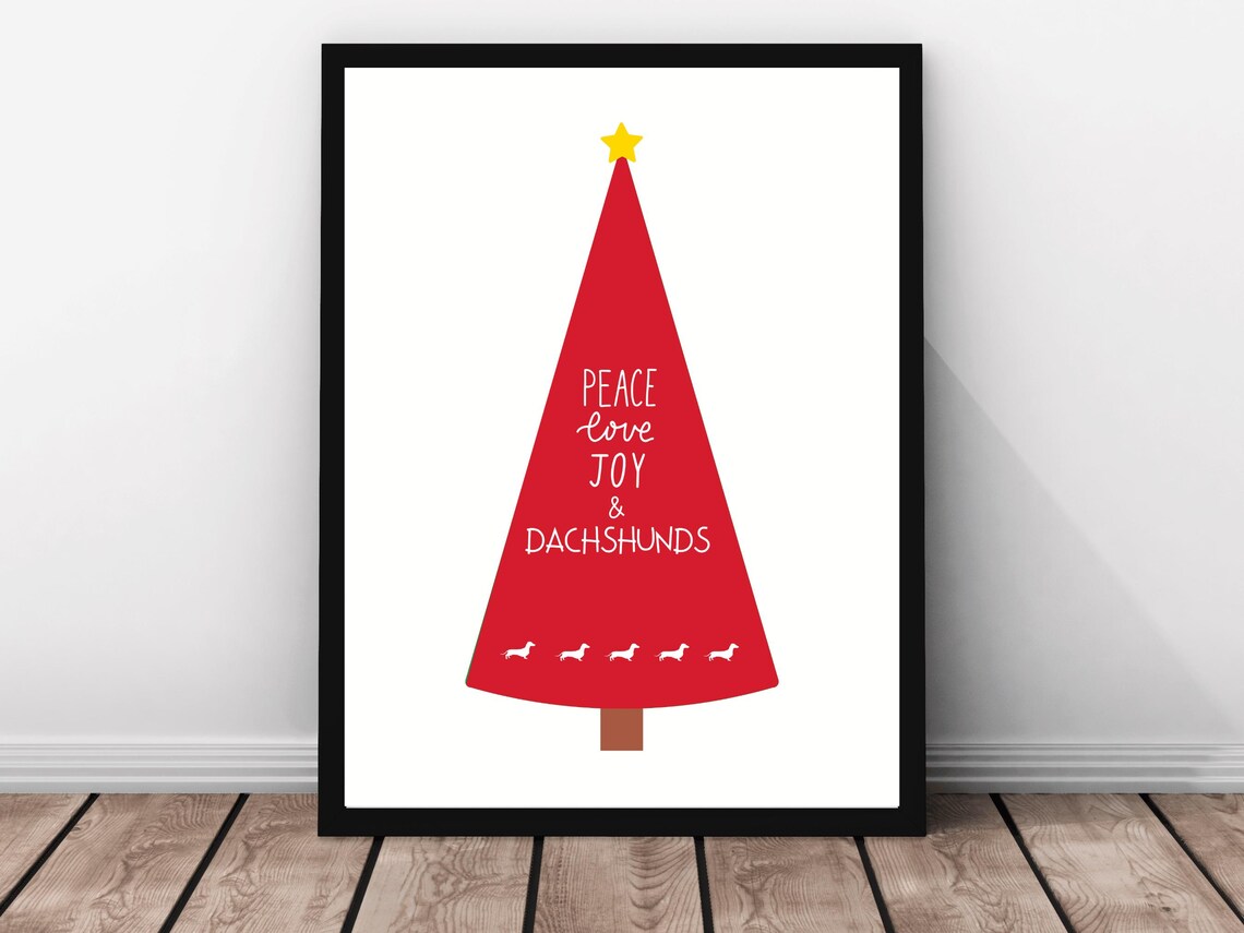 Peace Love Joy And Dachshunds Red Christmas Tree Holiday Dog Poster
