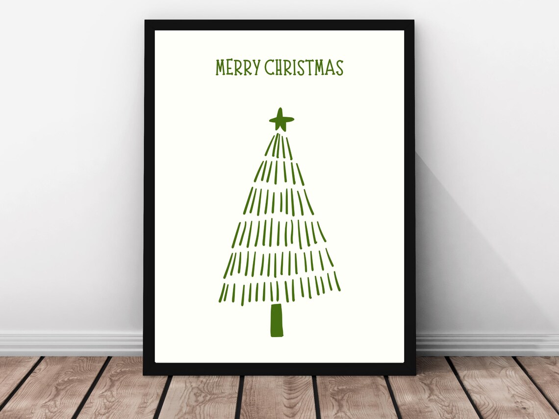 Merry Christmas Minimalist Green Line Art Christmas Tree Poster