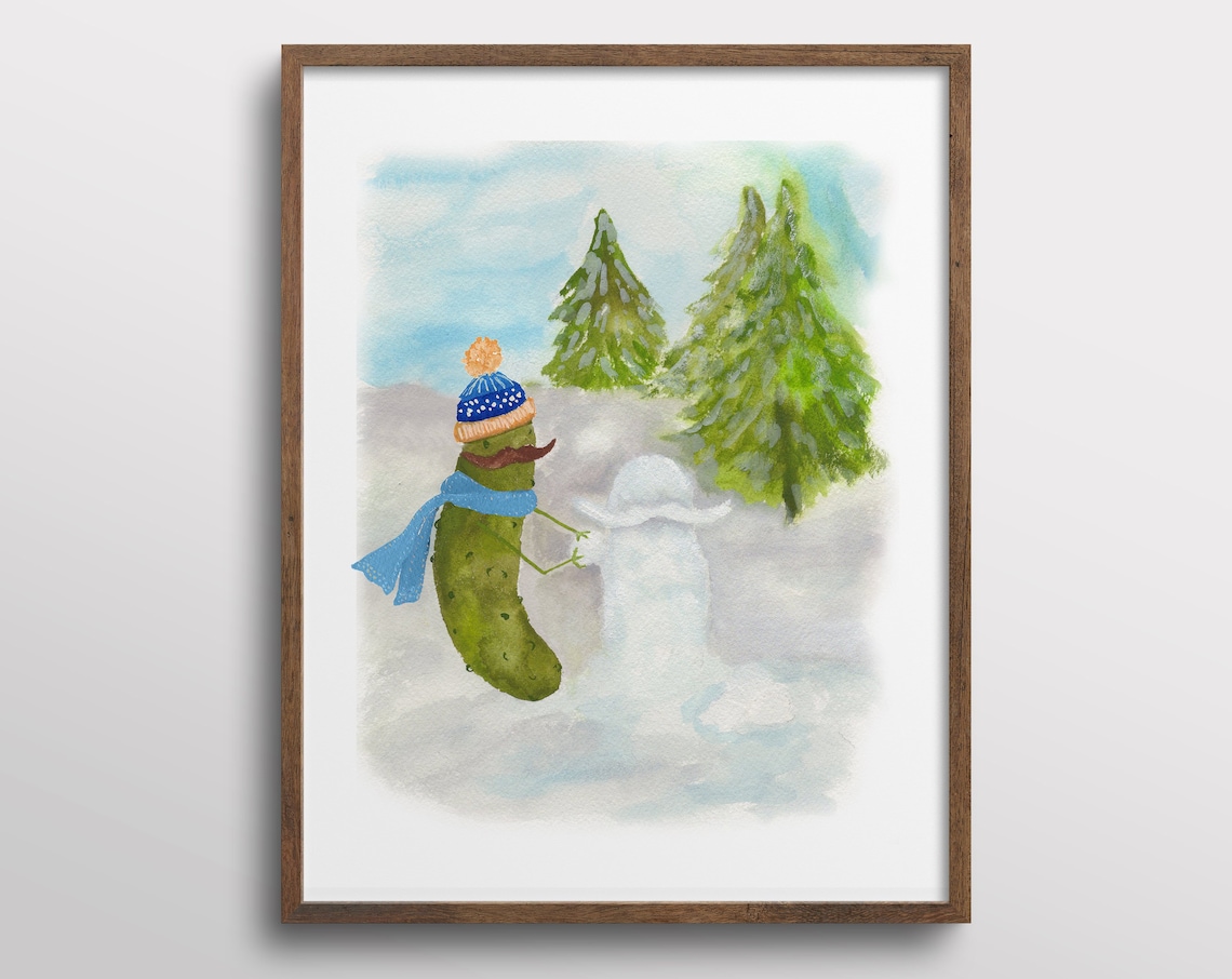 Whimsical Pickle in a Santa Hat Art Print