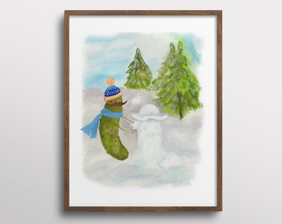 Whimsical Pickle in a Santa Hat Art Print