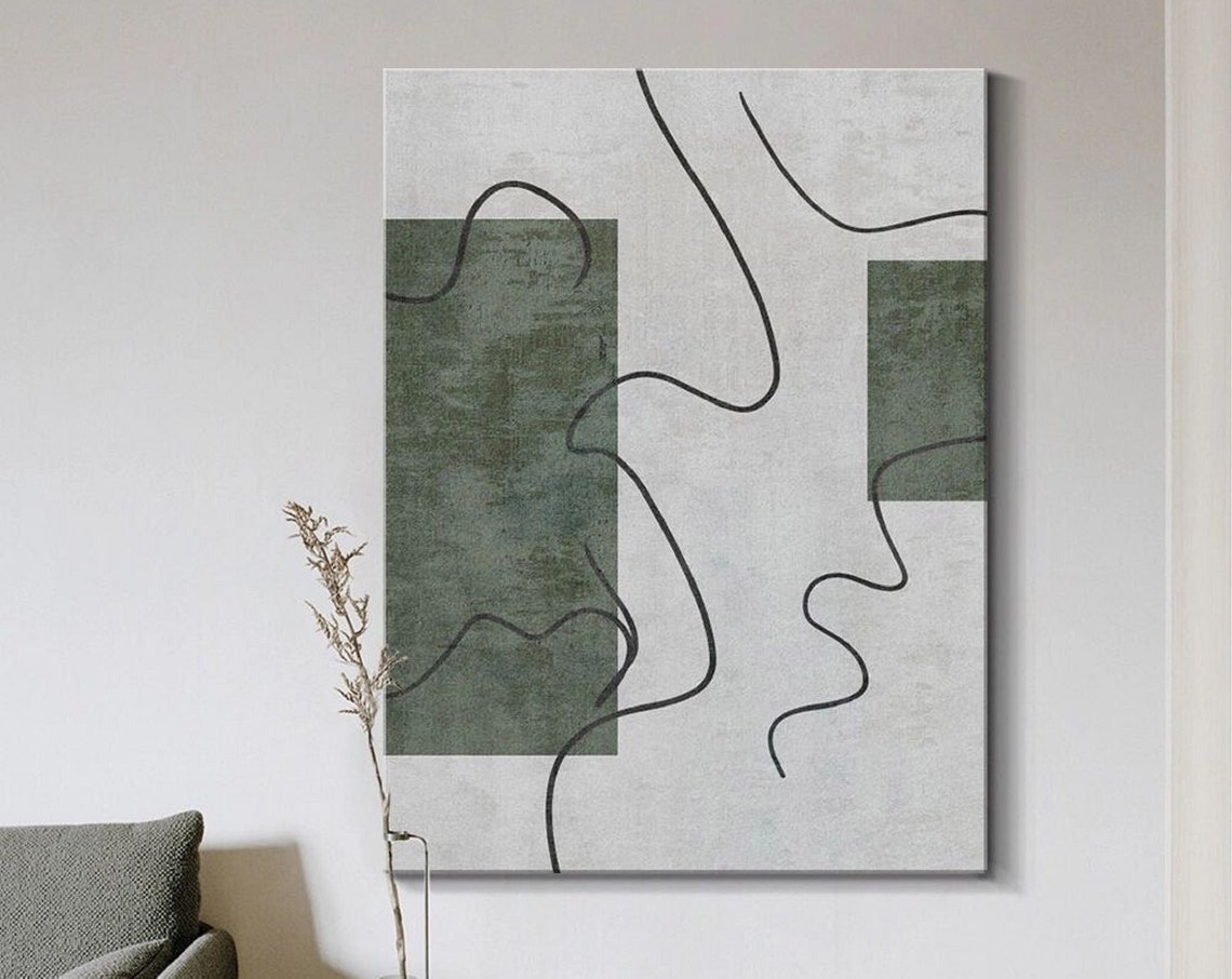 Sage Green Blocks With Black Squiggle Line Playful Art Poster