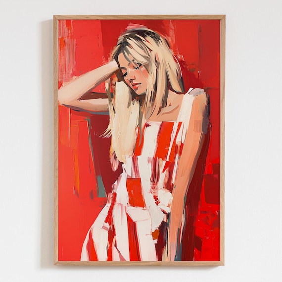 Red White Abstract People Art Print Large Wall For Living Room Minimalist Striped Woman Poster Contemporary Decor