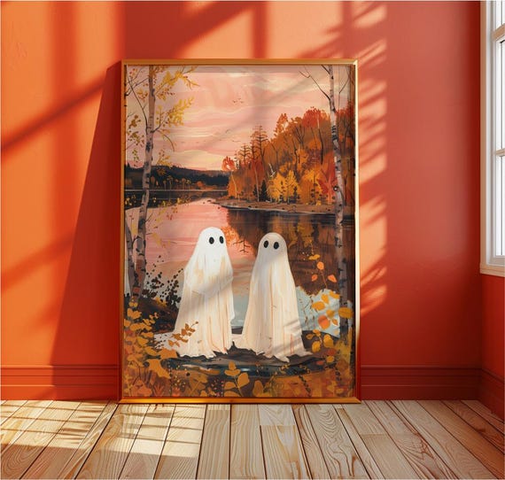 Two Cute Ghosts In Autumn Lake Landscape Halloween Art Print Poster Vibrant Eclectic Decor Fall Wall