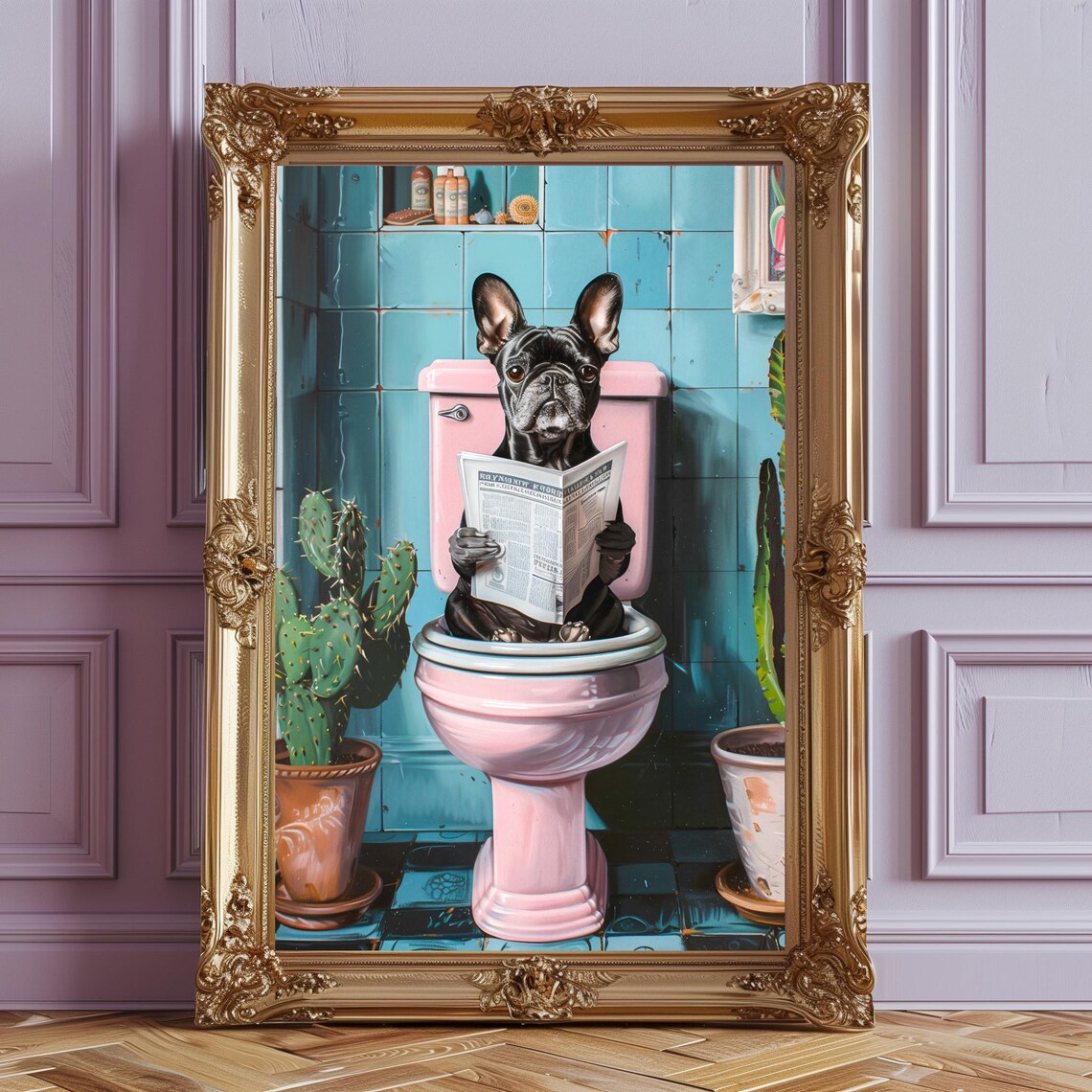 Black French Bulldog Reading Newspaper on Toilet Bathroom Poster