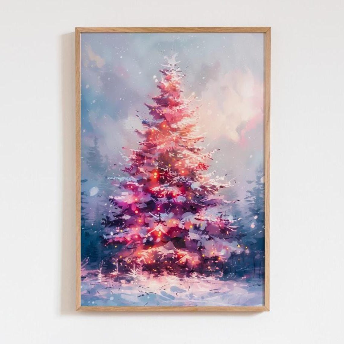 Blush Pink Christmas Tree Snowy Night Watercolor Holiday Art Poster