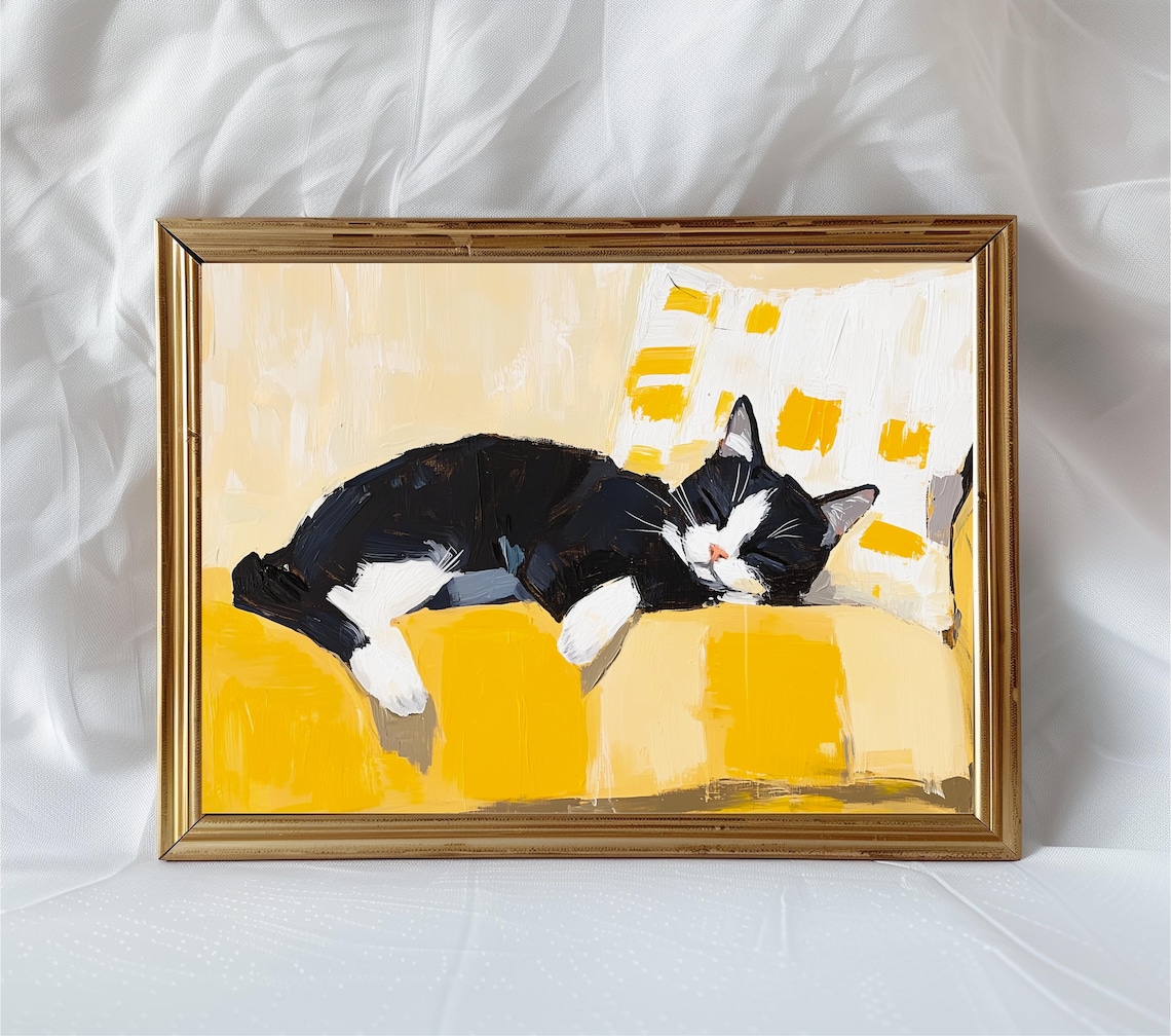 Black And White Cat Oil Painting Print, Kids Room Decor