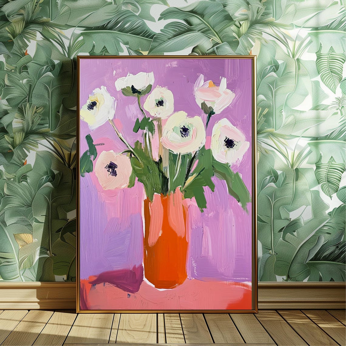 Pink and White Flowers in Orange Vase Bold Pastel Floral Poster