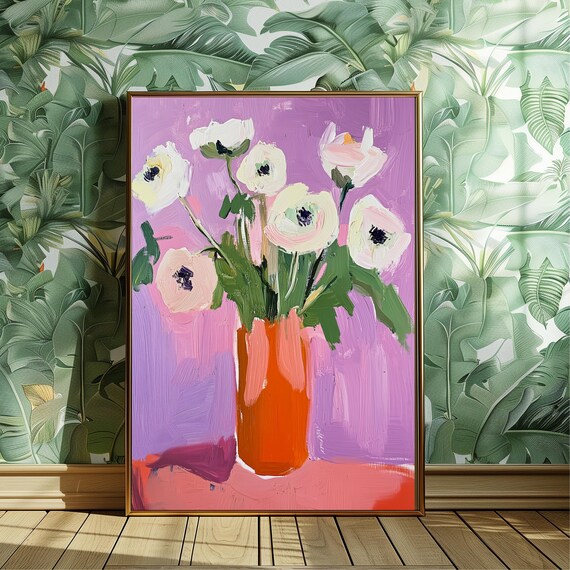 Gouache Flower Art Print Pink And White Floral Wall Bold Pastel Still Life Painting Minimalist Vase Artwork Gift For Her