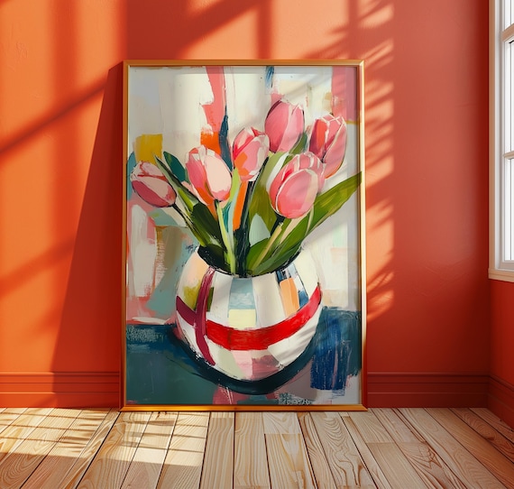 Pink Tulips Abstract Art Print Modern Floral Painting Bold Brushstroke Wall Feminine Flower Decor Gift For Her