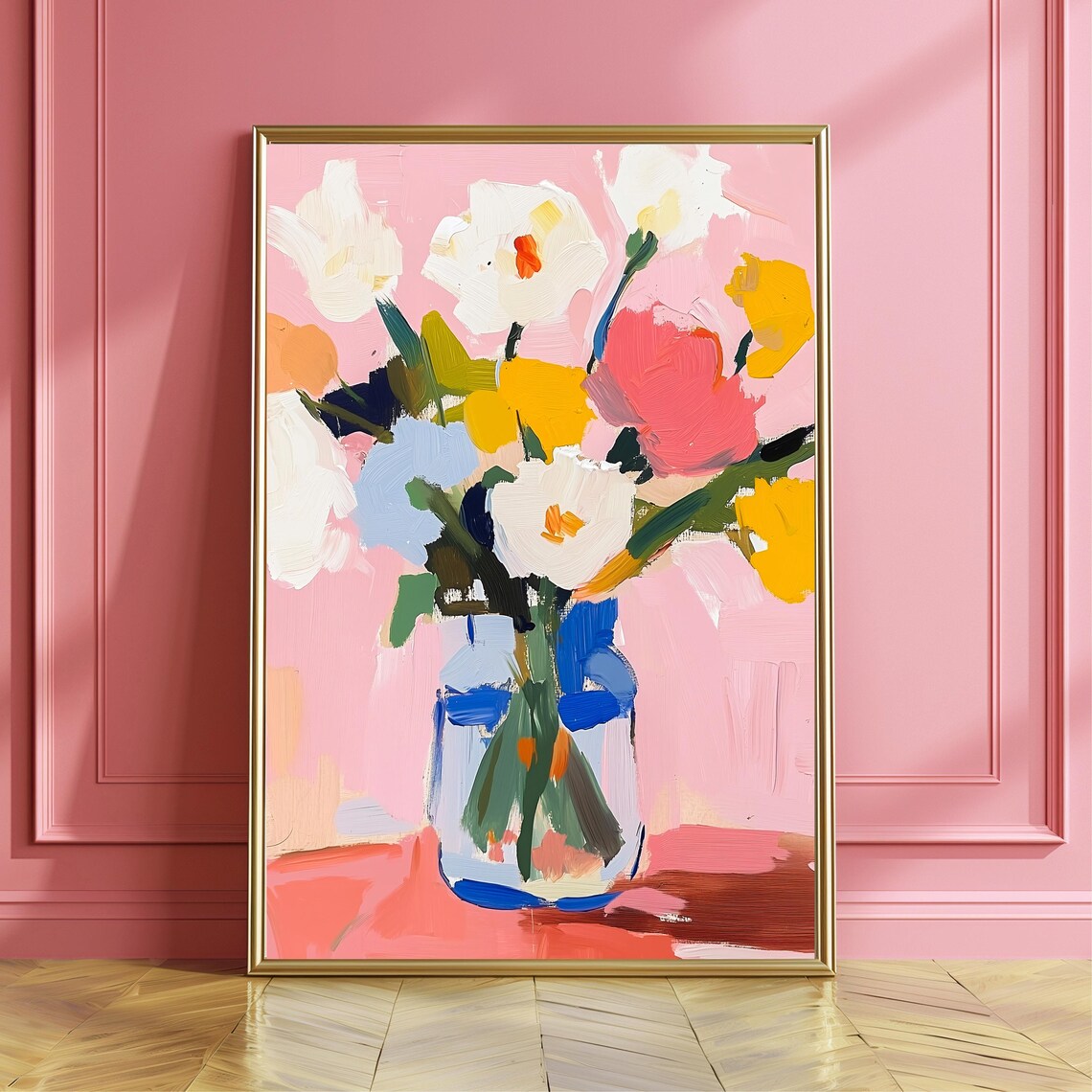 Colorful Flower Bouquet in Vase Pink Background Modern Art Print