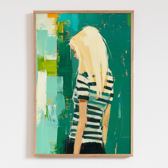 Blonde Woman in Striped Top Emerald Abstract Portrait Art Poster