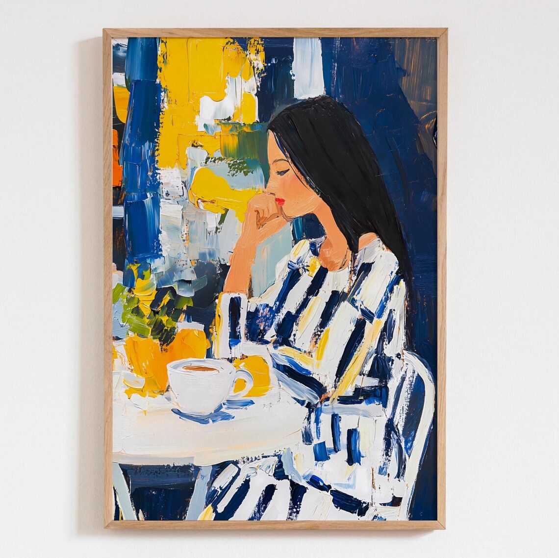 Woman Drinking Coffee Blue Yellow Abstract Painting Cafe Decor Print
