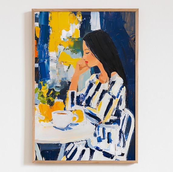 Woman Drinking Coffee Blue Yellow Abstract Painting Cafe Decor Print