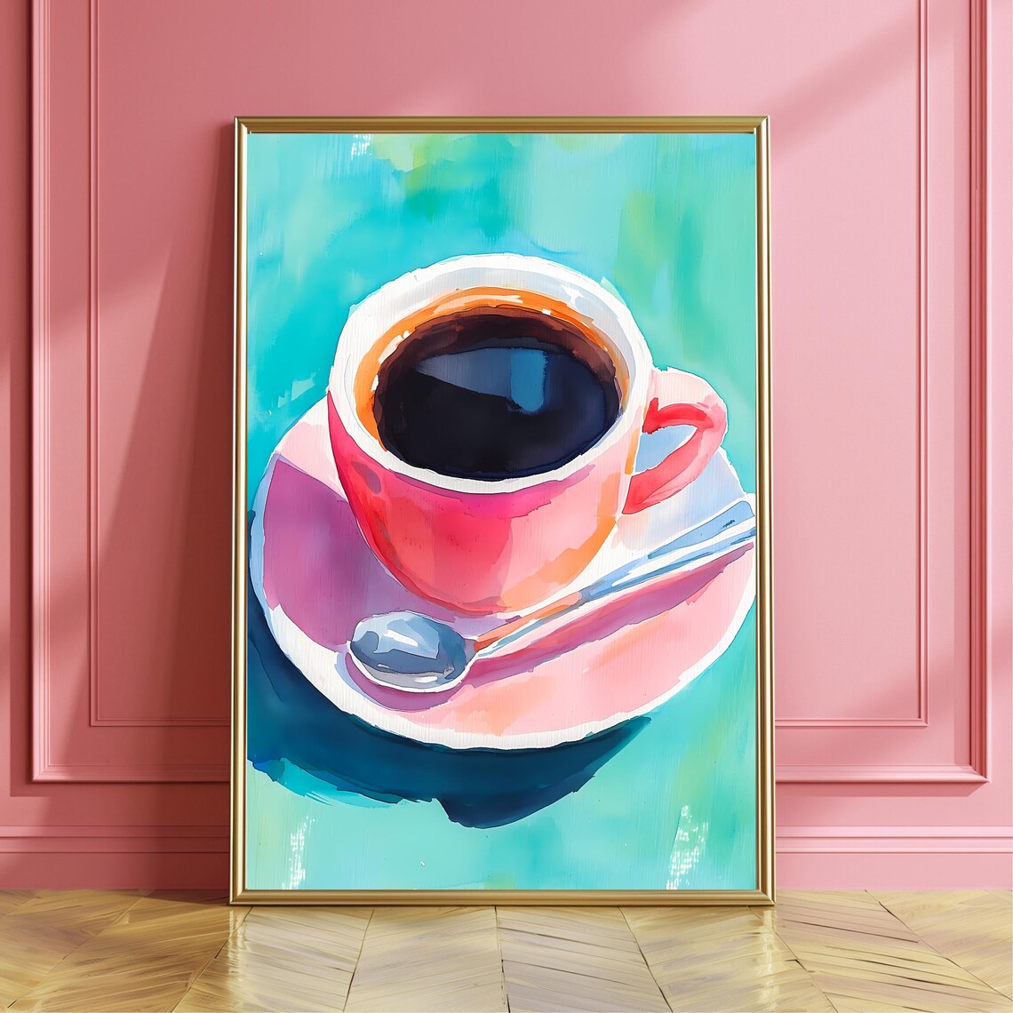 Pink Coffee Cup Watercolor Art Print, Cafe Still Life