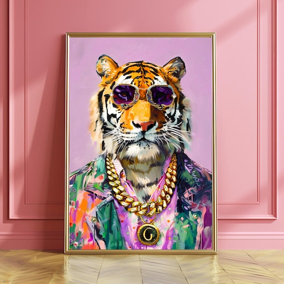 Tiger In Costume Funky Fashion Art Print, Maximalist Decor