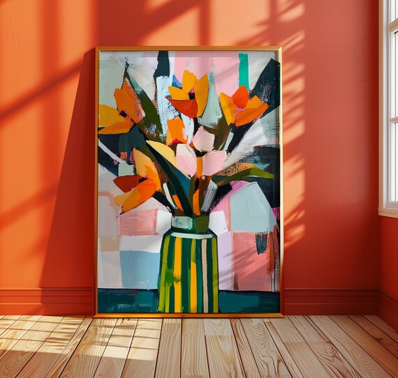 Abstract Tulip Wall Art Orange Flower Painting Print Bold Colorful Vase Modern Botanical Decor Floral Gift For Lovers