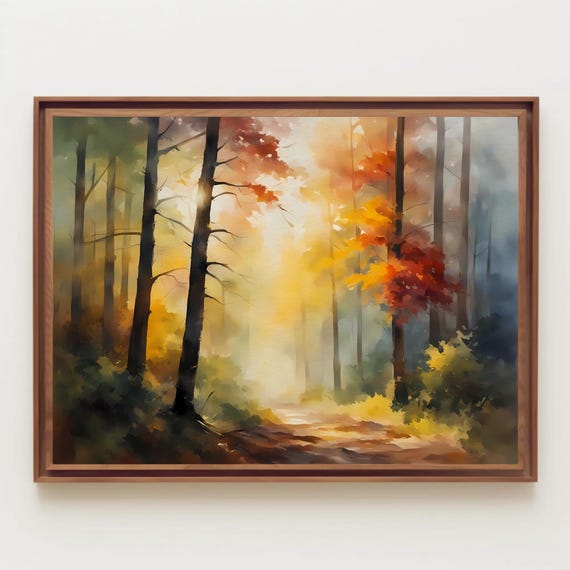 Misty Forest During Sunrise Watercolor Painting Print Landscape Foggy