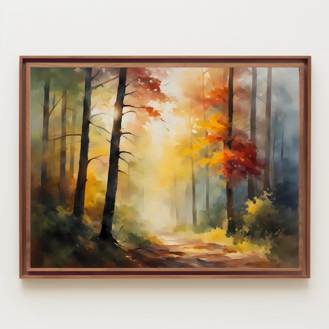 Sunlit Autumn Forest Glow Misty Trees Warm Watercolor Painting Poster