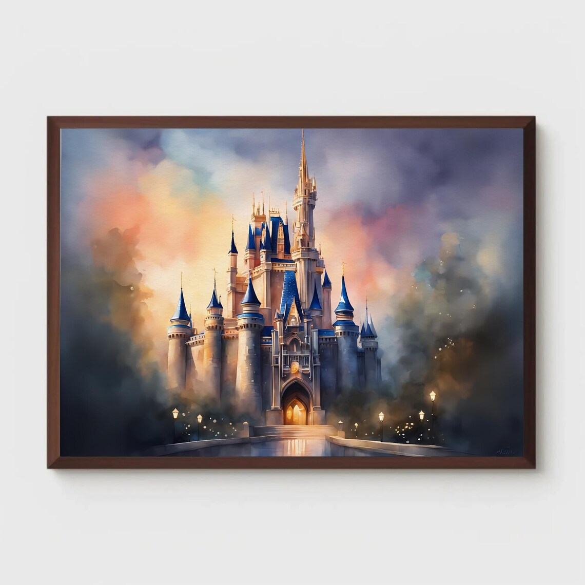 Dusk Fairy Tale Castle Blue Spires Misty Glow Watercolor Art Poster