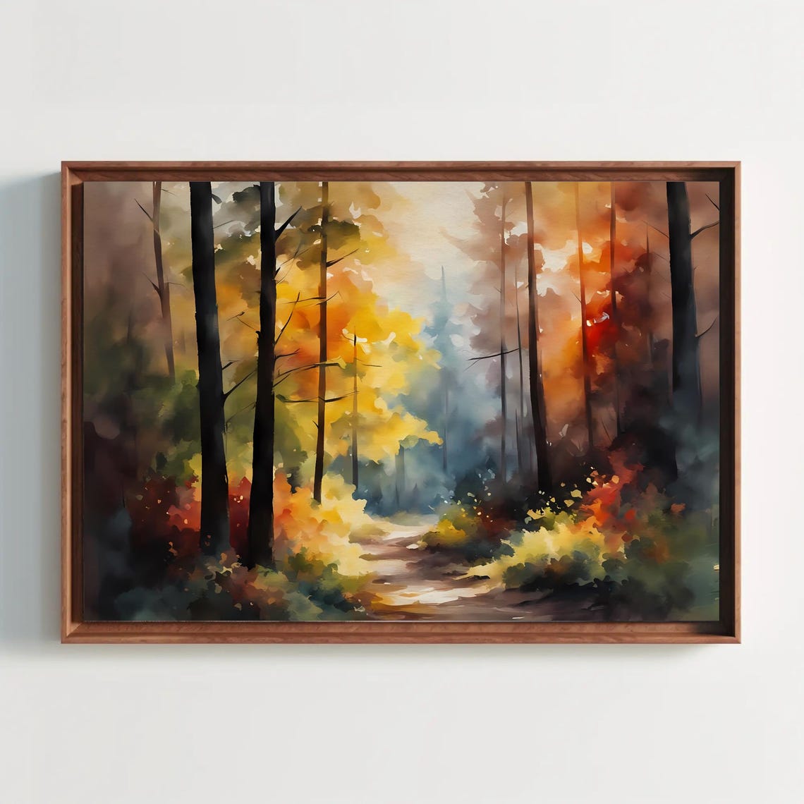 Fall Forest Landscape Watercolor Painting Print Autumn Foliage Leaves Wall Art
