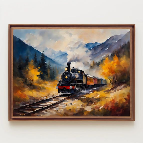 Steam Train In Mountains Watercolor Painting Print Art Mountain Landscape Fall Wall