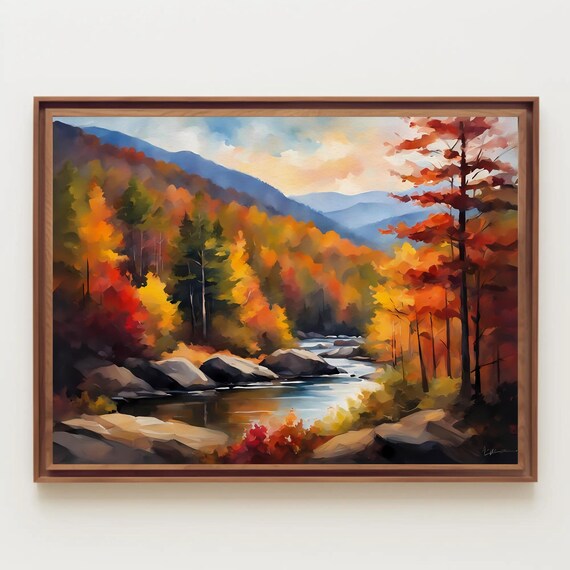 Vibrant Autumn Stream in Smoky Mountains Watercolor Landscape Poster