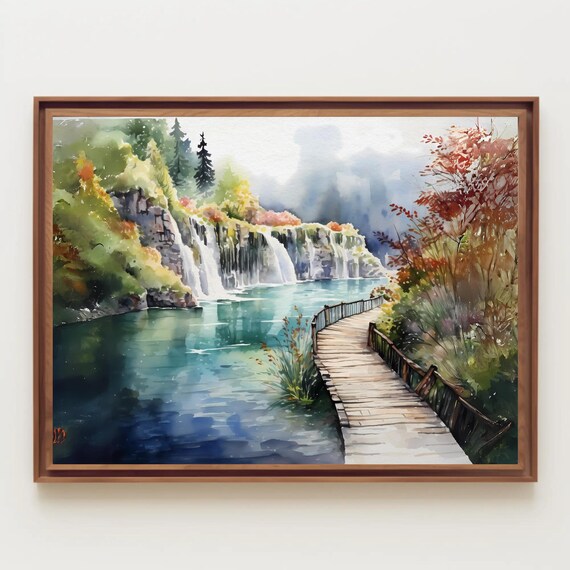 Cascading Waterfalls and Wooden Walkway Watercolor Landscape Poster