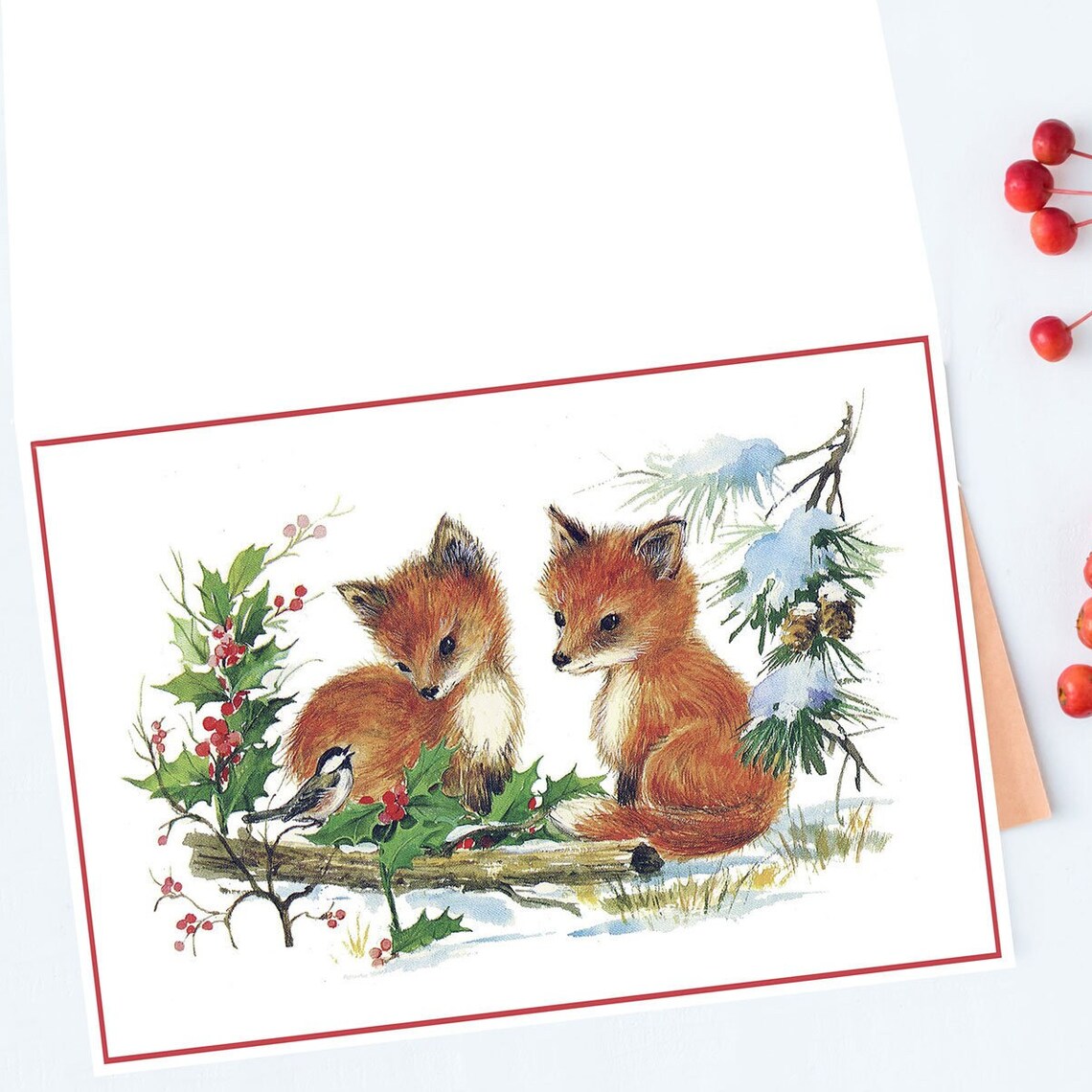 Vintage Christmas Card Art Two Fox Cubs Holly Snowy Winter Poster - Image 3
