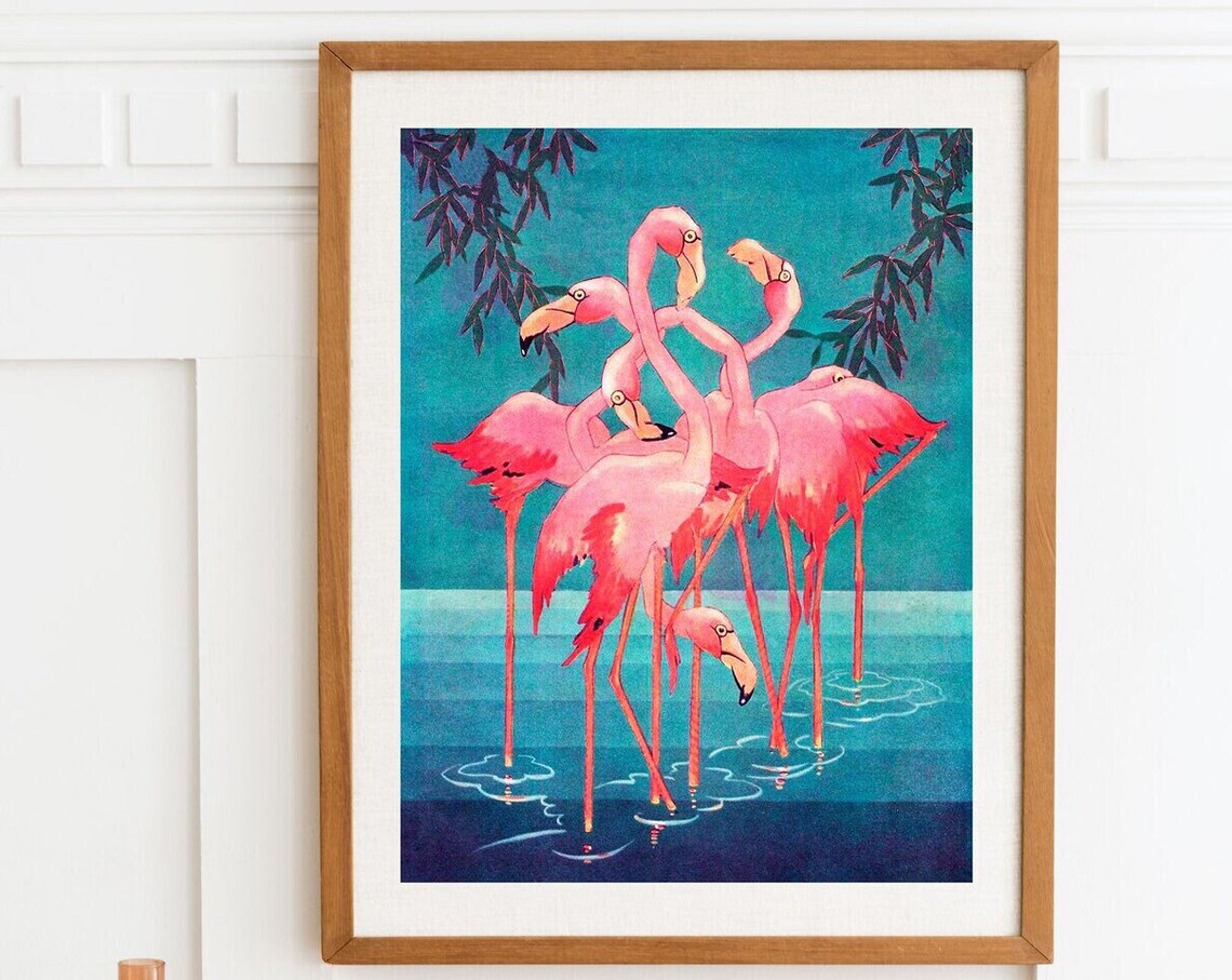 Art Deco Flamingos Pink Flamingo Tropical Birds Vintage Art Poster