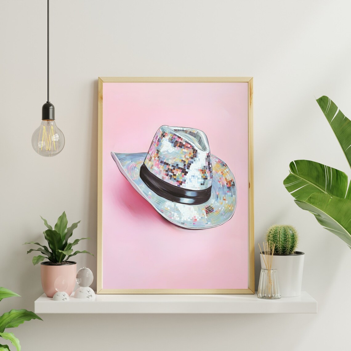 Disco Ball Cowboy Hat Pink Background Western Party Art Poster - Image 2