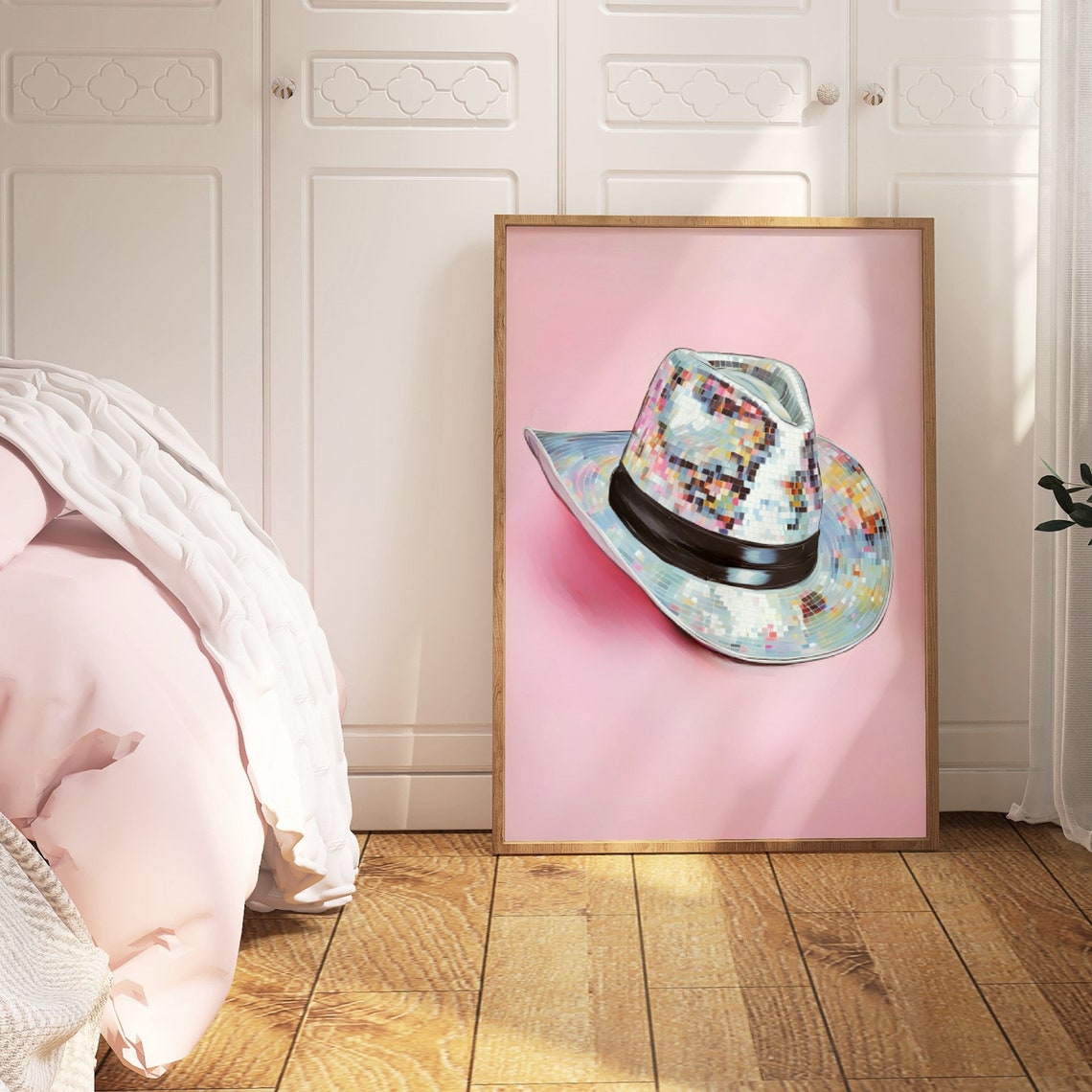 Disco Ball Cowboy Hat Pink Background Western Party Art Poster - Image 3