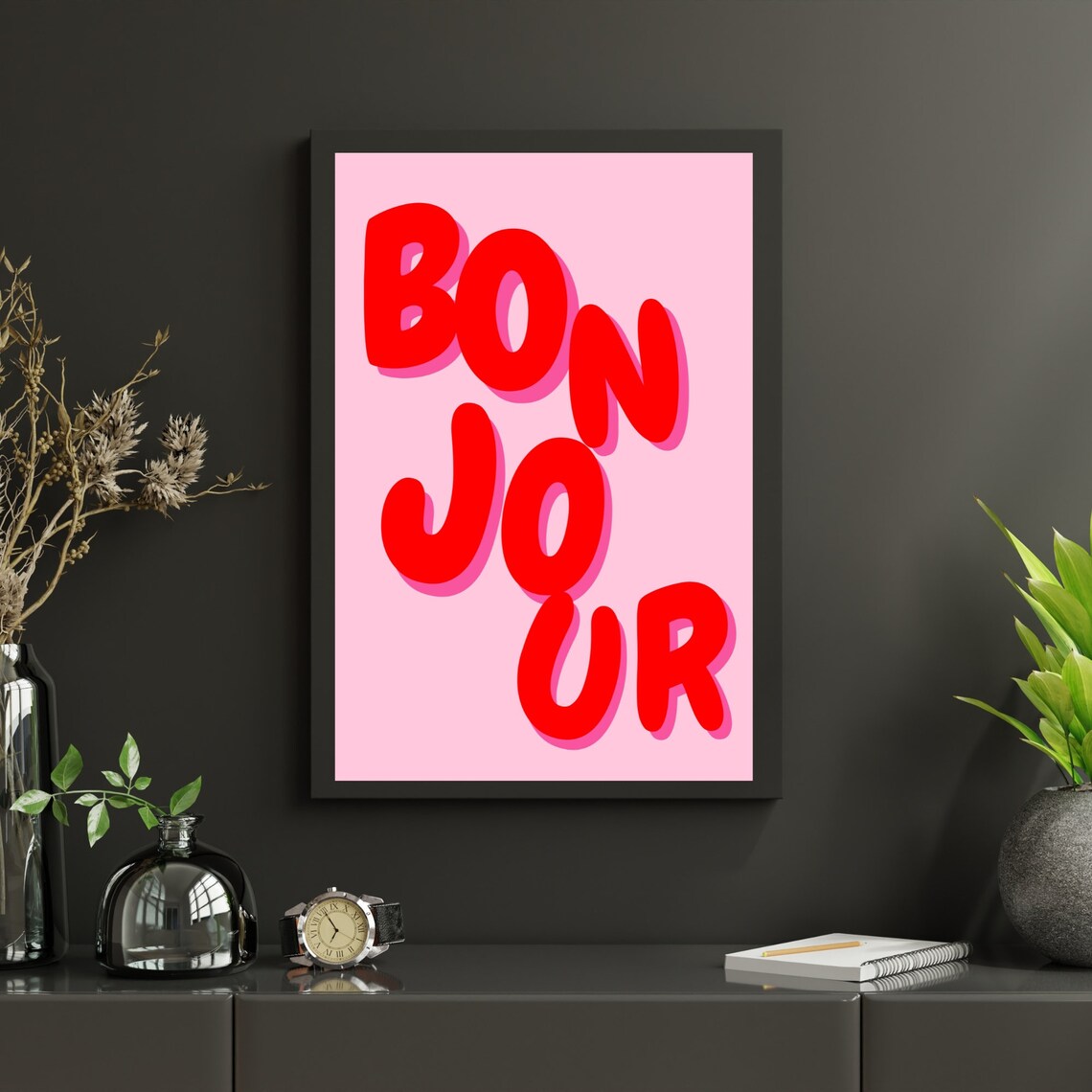 Bonjour Red Bubble Letter French Phrase Pink Retro Trendy Poster - Image 3