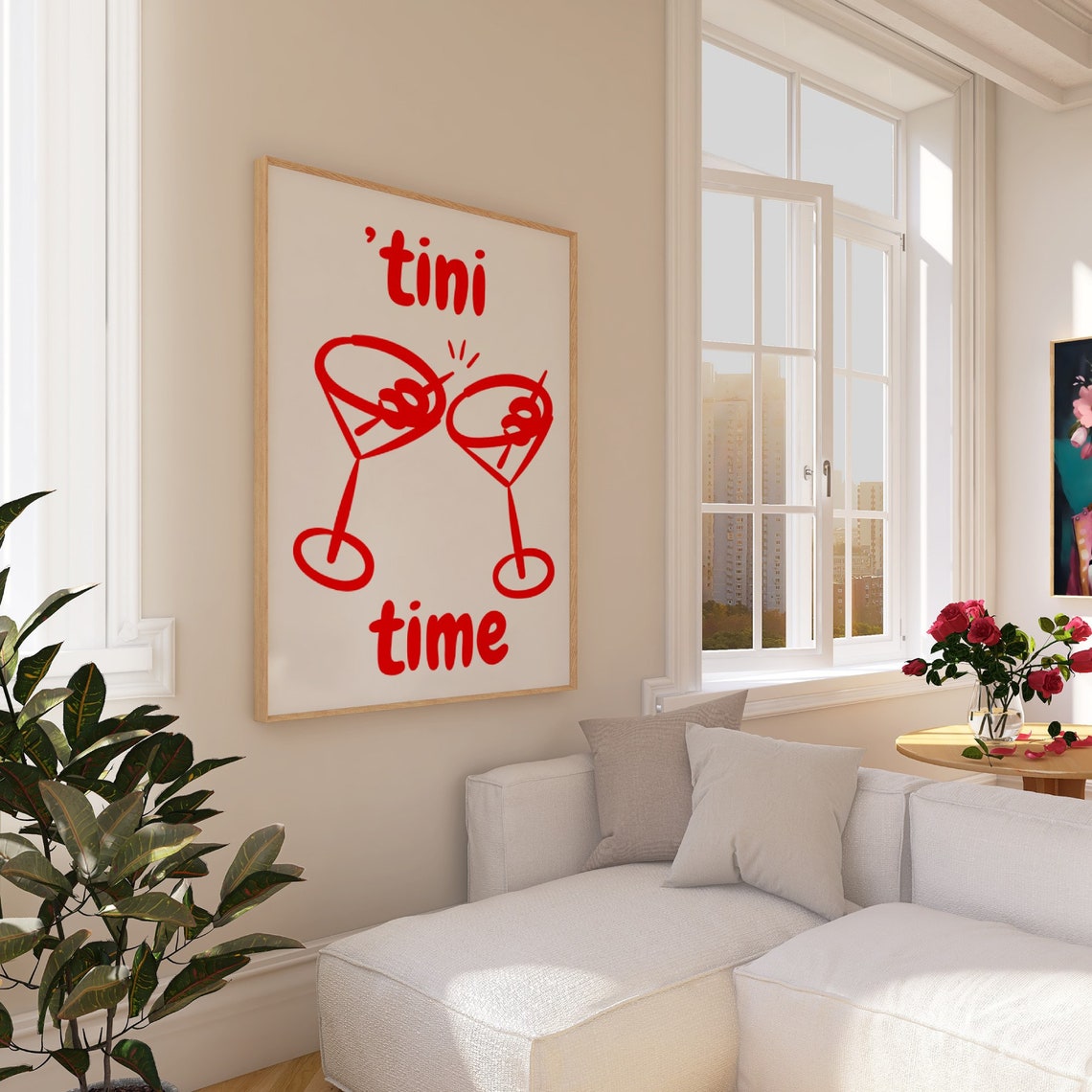 Tini Time Red Martini Cocktail Glasses Bar Cart Retro Art Print - Image 3