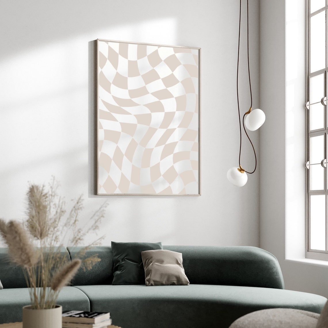 Beige Checkerboard Wavy Check Retro Funky Neutral Wall Poster - Image 2