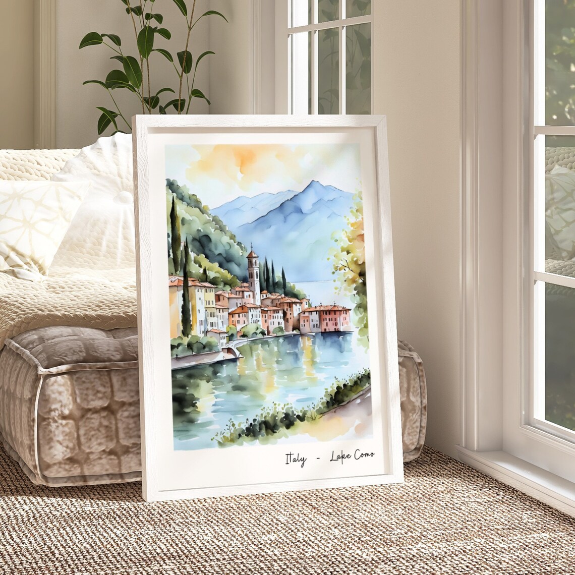 Italy Lake Como Watercolor Sunset Travel Village Landscape Poster - Image 2