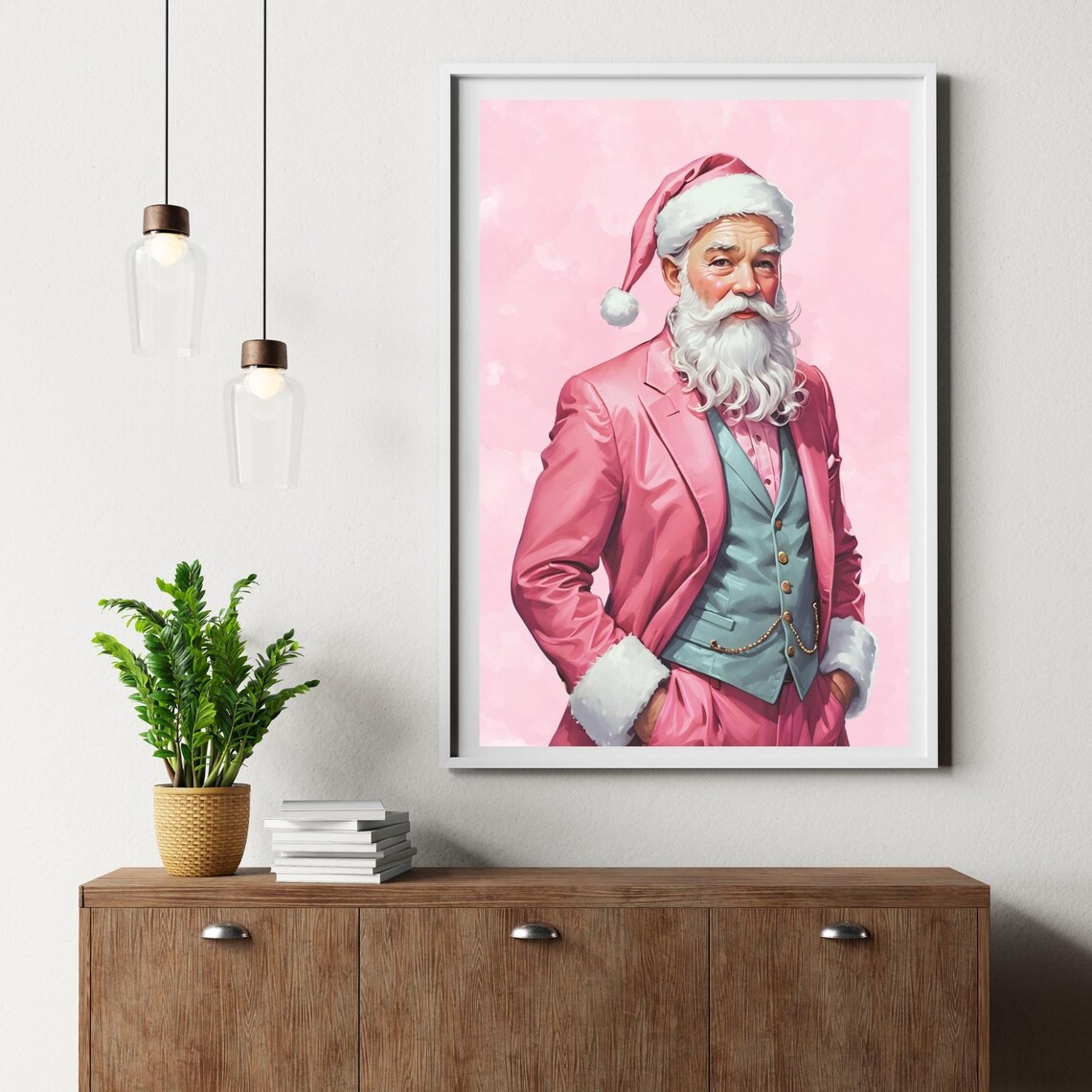 Pink Santa Claus Portrait, Shabby Chic Christmas Art Print - Image 4