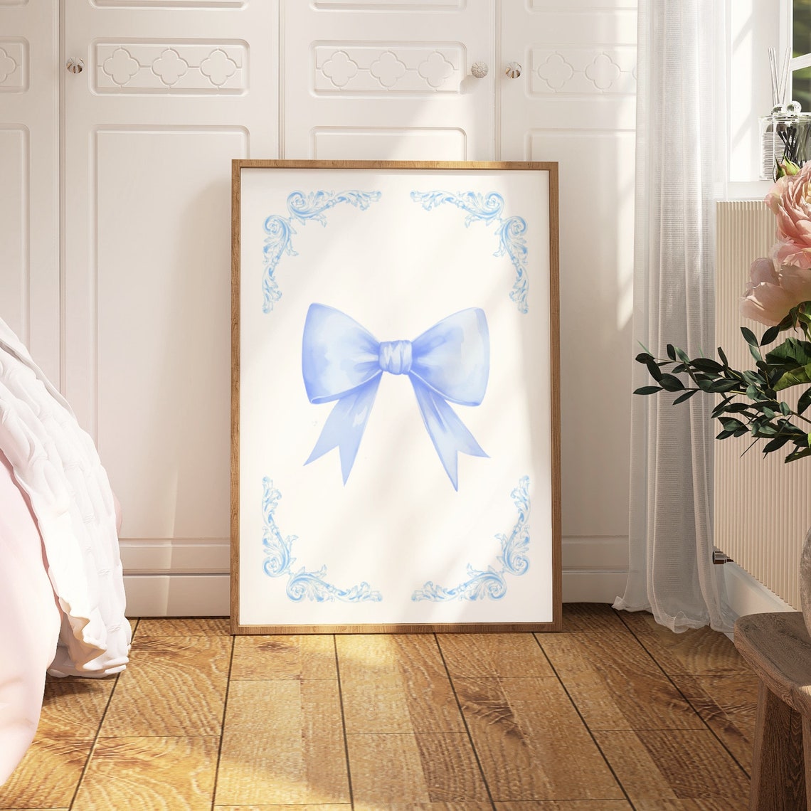 Light Blue Watercolor Bow with Corner Flourish Sky Blue Art Print - Image 3