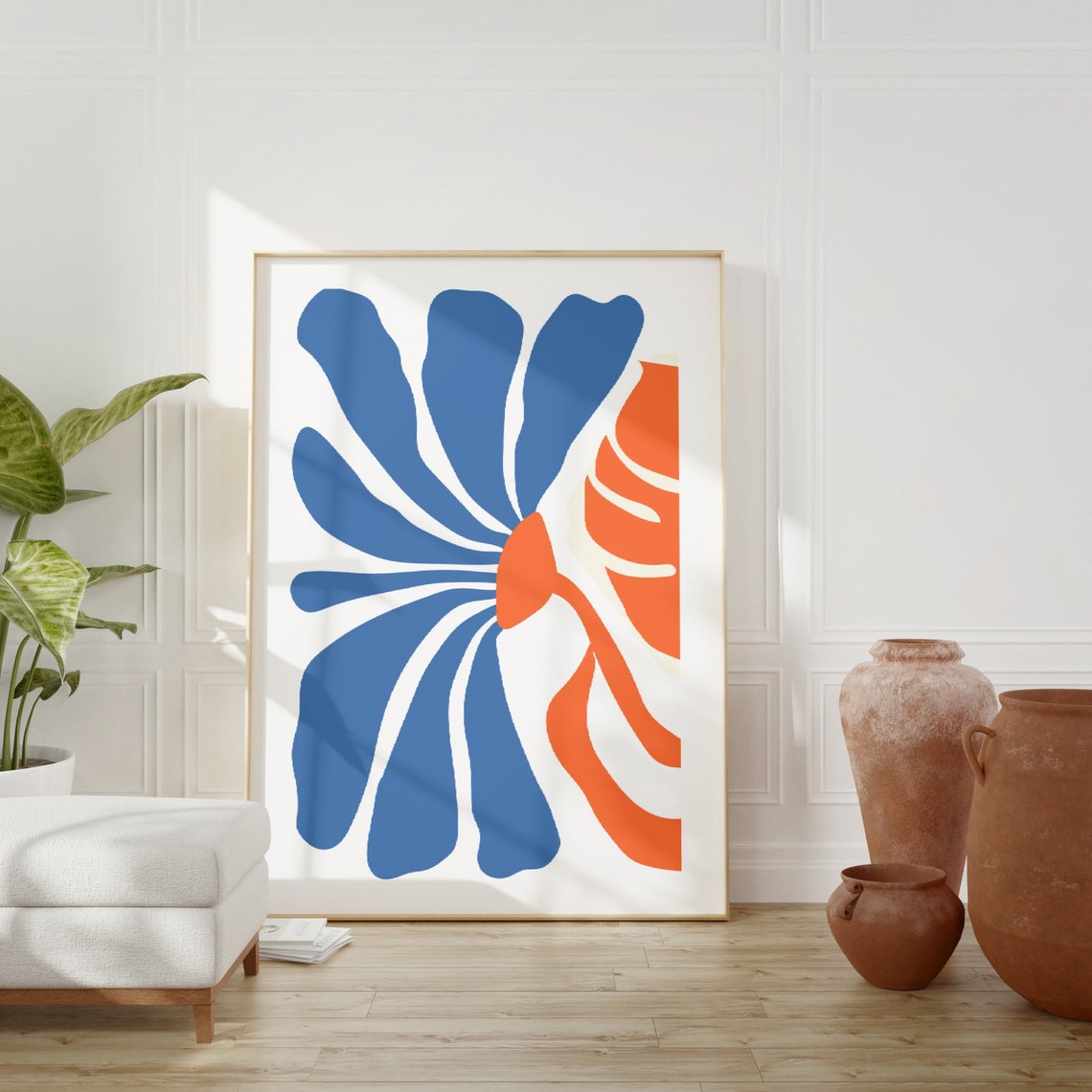 Retro Blue Orange Abstract Flower Mid Century Modern Art Poster - Image 3
