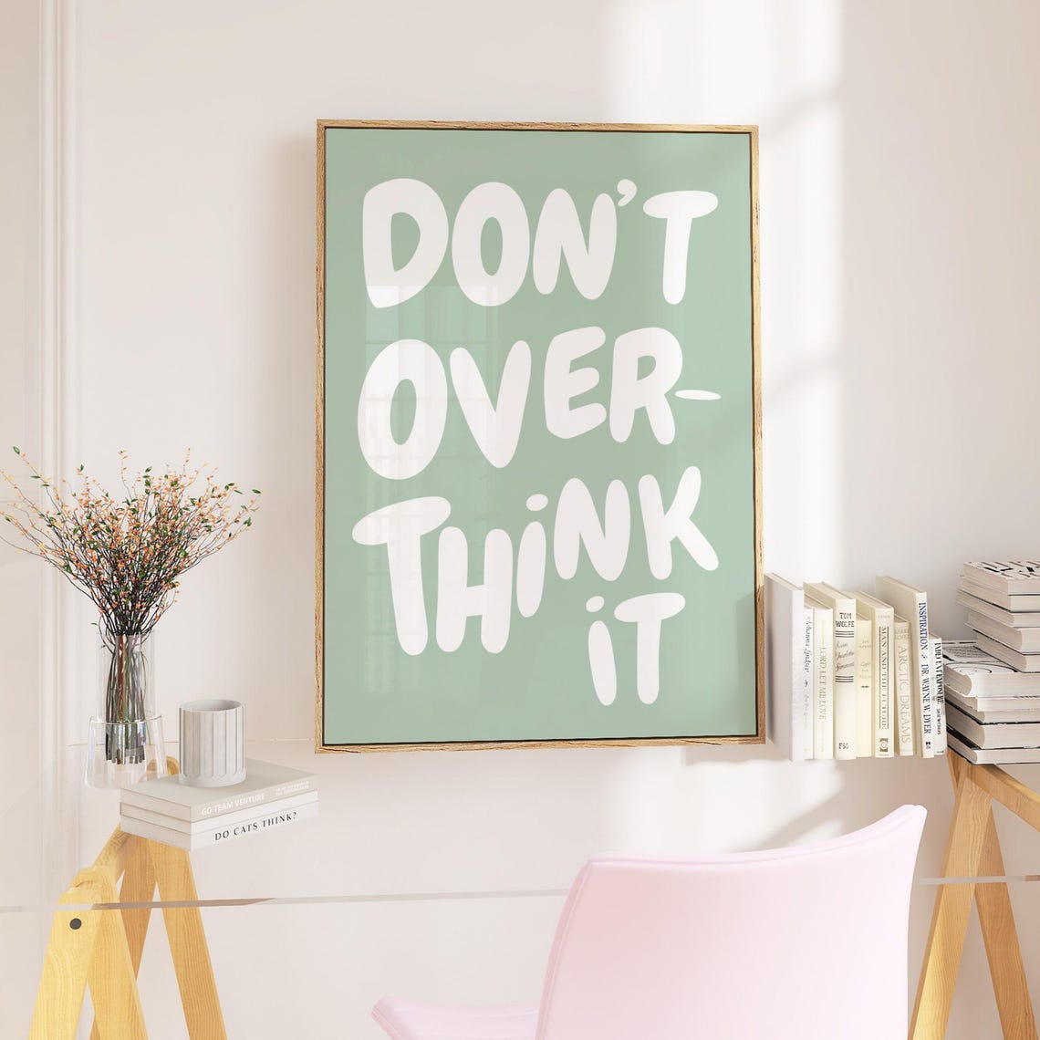 Dont Overthink It White Bubble Letters Sage Green Quote Poster - Image 2