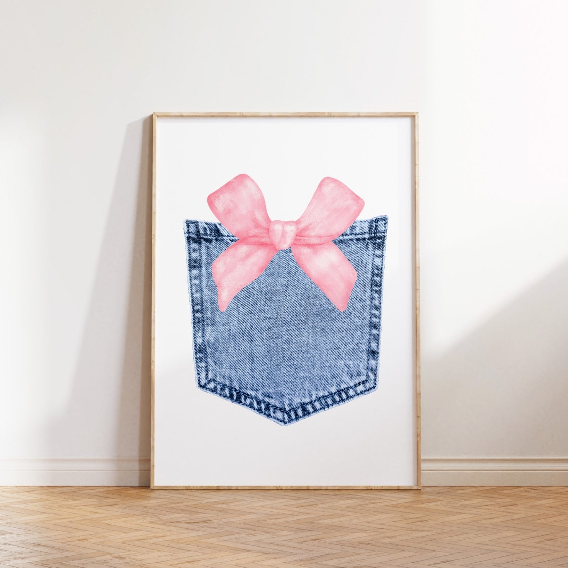 Denim Pocket Pink Bow Watercolor Coquette Western Style Poster - Image 2