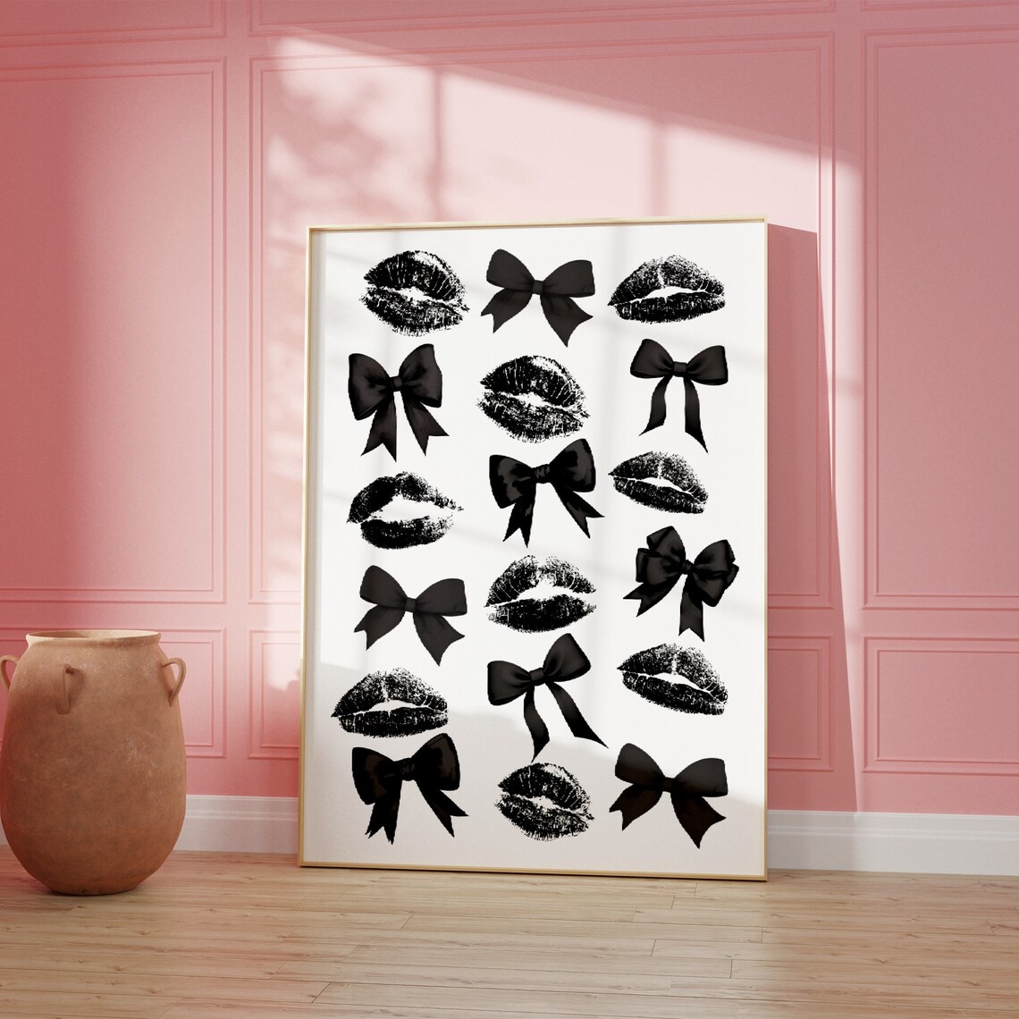 Black Bow and Lipstick Kiss Marks Coquette Bedroom Decor Poster - Image 4