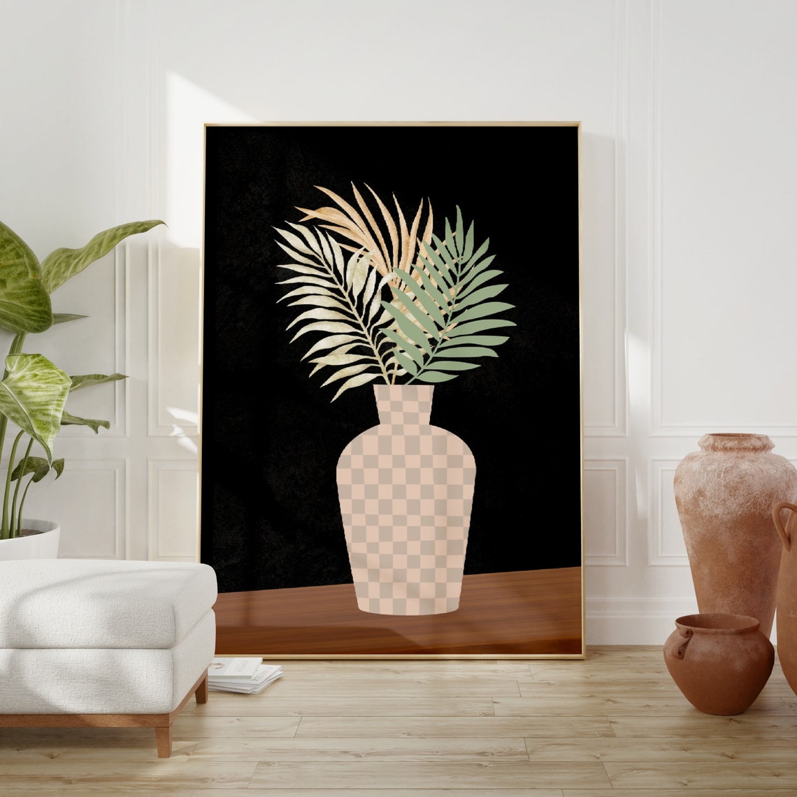 Checkered Vase Palm Leaves Scandi Modern Botanical Statement Poster
