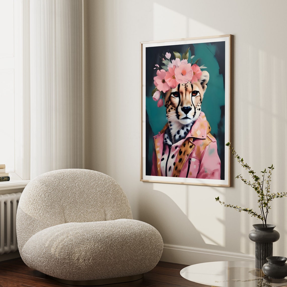 Floral Crown Cheetah in Pink Jacket Maximalist Teal Animal Poster - Image 2