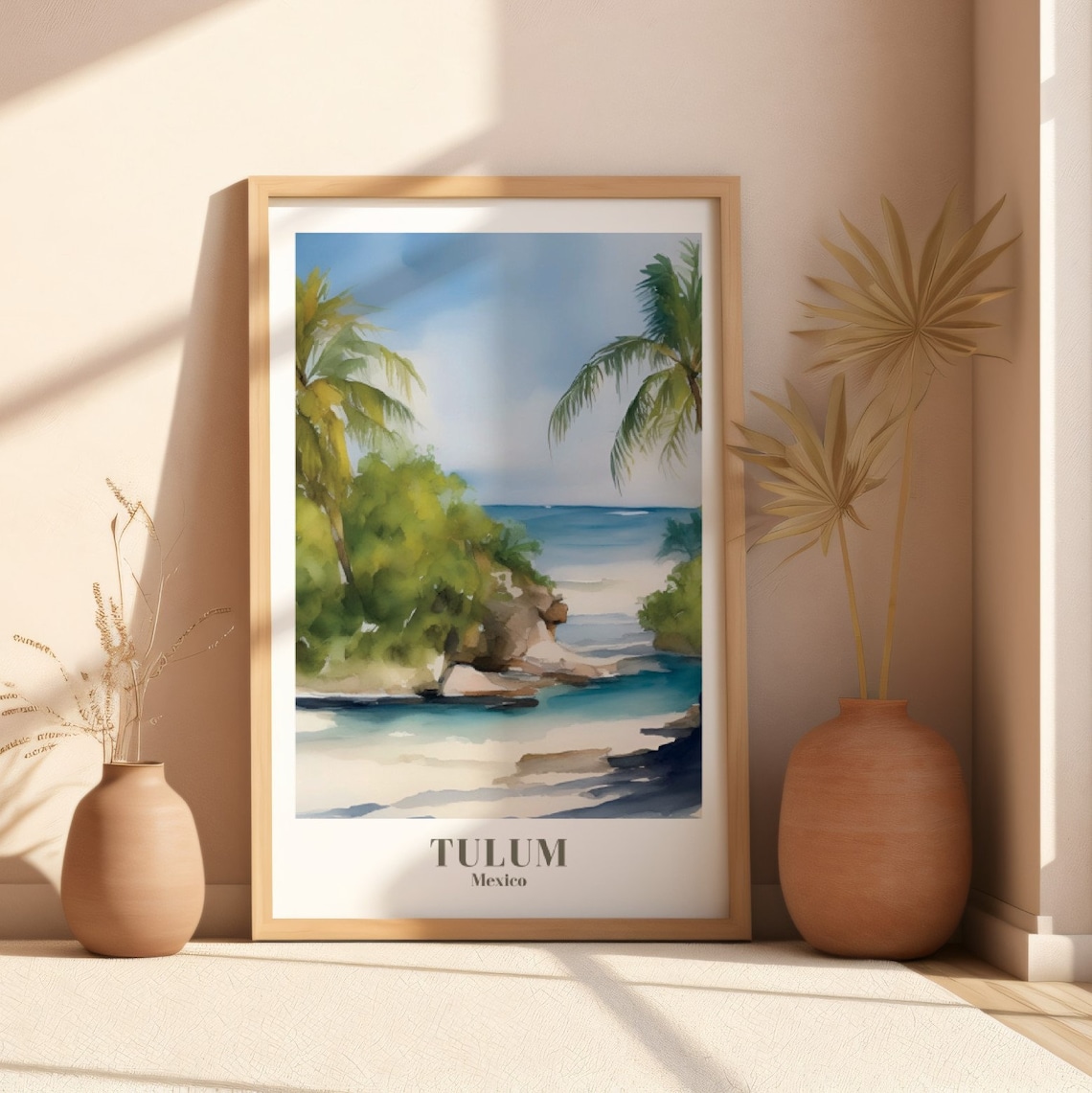 Tulum Mexico Beach Watercolor Travel Poster Palm Trees Coastal Scene - Image 4