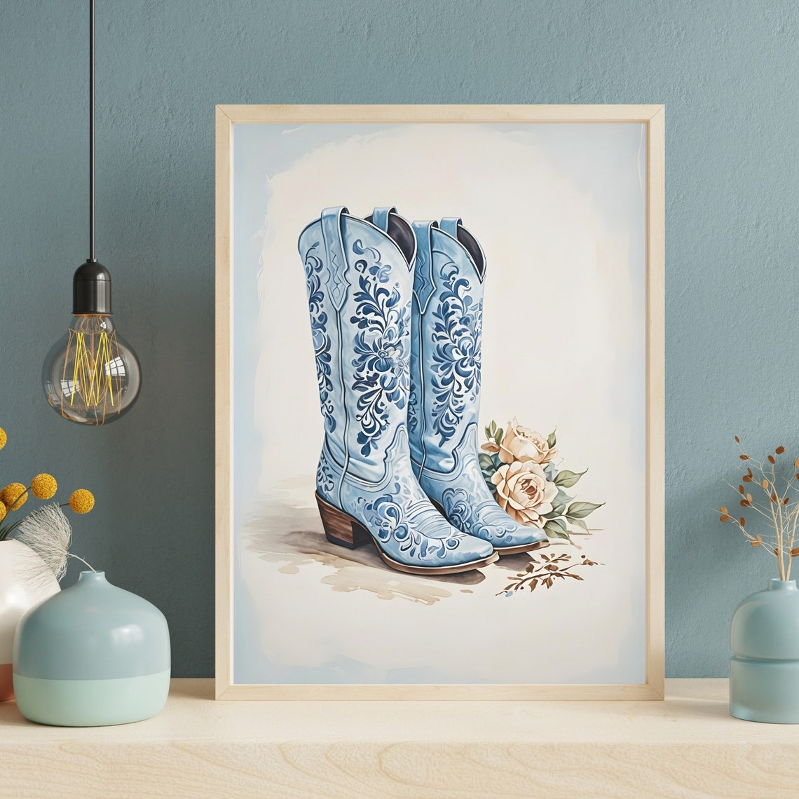 Blue Cowgirl Boots Print Blue Coastal Cowgirl Boot Orint Granddaughter Print Preppy Chinoiserie Nursery Art Dorm Room Poster
