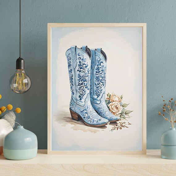 Light Blue Floral Cowgirl Boots with Peach Roses Western Decor Poster